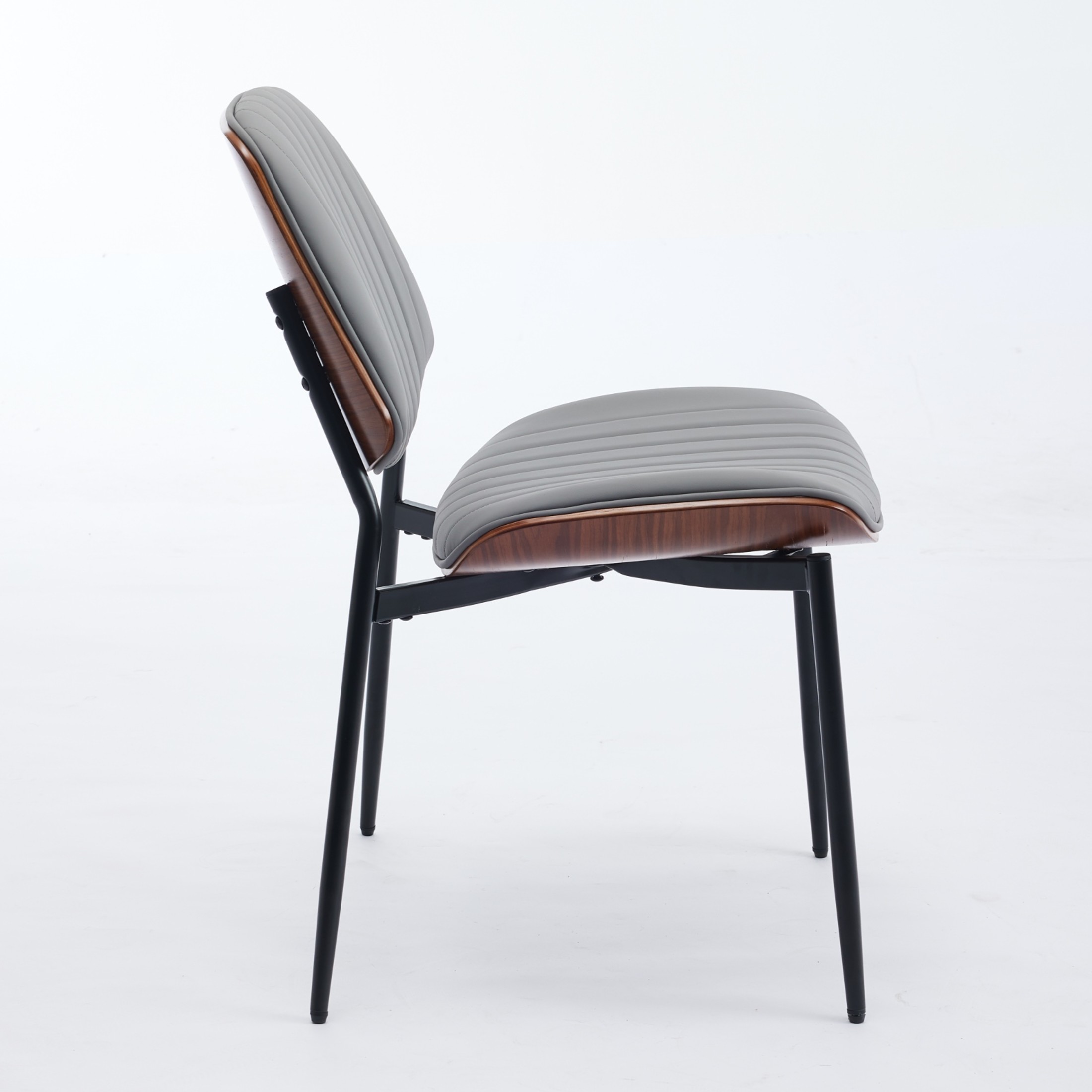 Mid-Century Upholstered PU Dining Chairs with Walnut Bentwood Back and Metal Tapered Legs, Gray, Set of 2