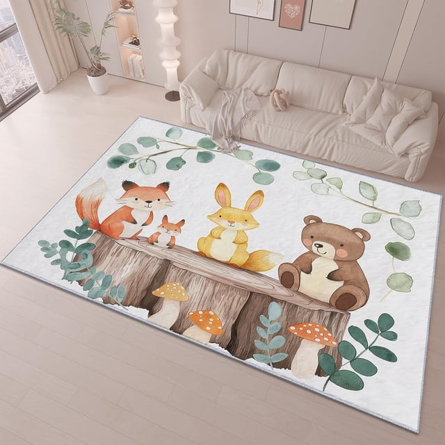 Clip Art Rugs for Living Room Animal Fox Rabbit Bear Area Rug Breathable Durable Machine Washable Rugs, for Bedroom Dorm Bedside Floor Mat 6 X 9 Ft