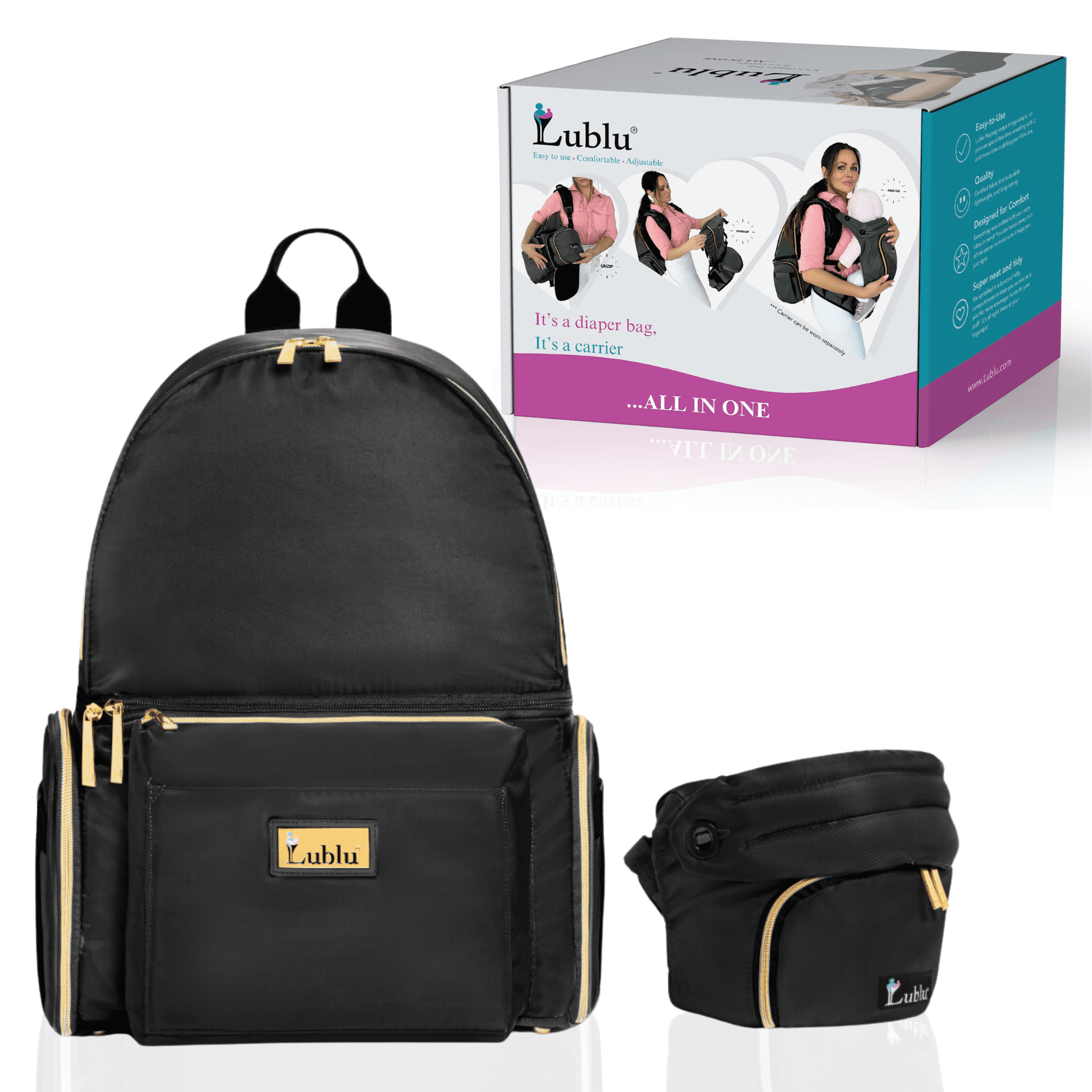 Lublu Diaper Bag Backpack with Baby Carrier, Hip Seat, Changing Pad, Insulated Pockets, Black or Grey (Black)