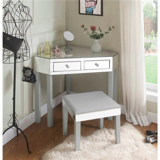 Posh Living Jf97 07gr Perry Mirrored Corner Makeup Vanity Table With Stool Grey Walmart Com Walmart Com