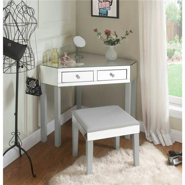 Posh Living Jf97 07gr Perry Mirrored, Corner Makeup Vanity With Mirror And Lights