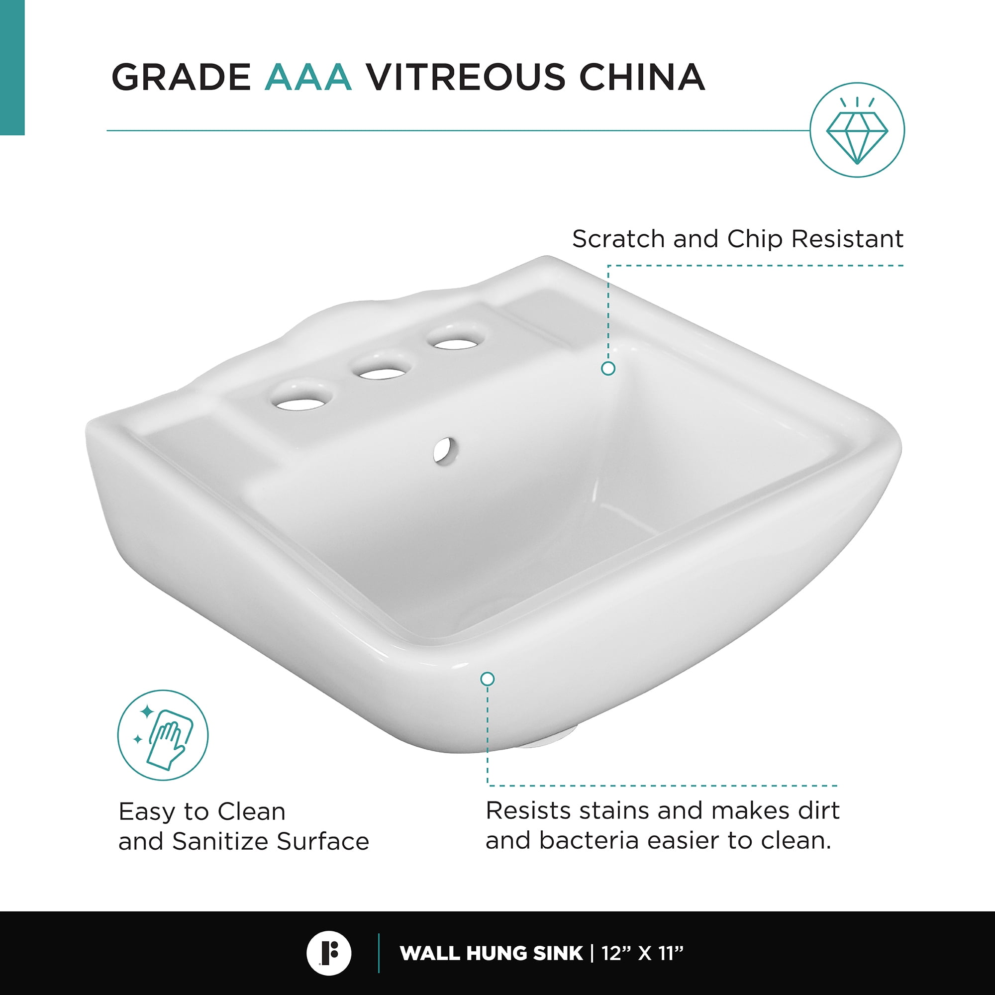 Porcelain Ceramic Bathroom Sink - Wall Mount Sink with Faucet Hole and Overflow - 12" x 11" Small and Sleek Sink for Bathroom (White)