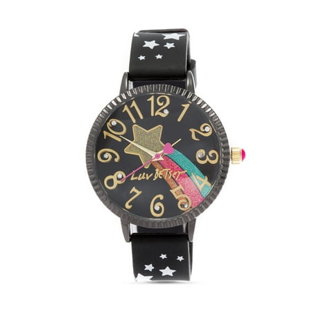 Luv Betsey Women's Black Dial with Multicolor Glitter on Black Case and Silicone Strap Watch