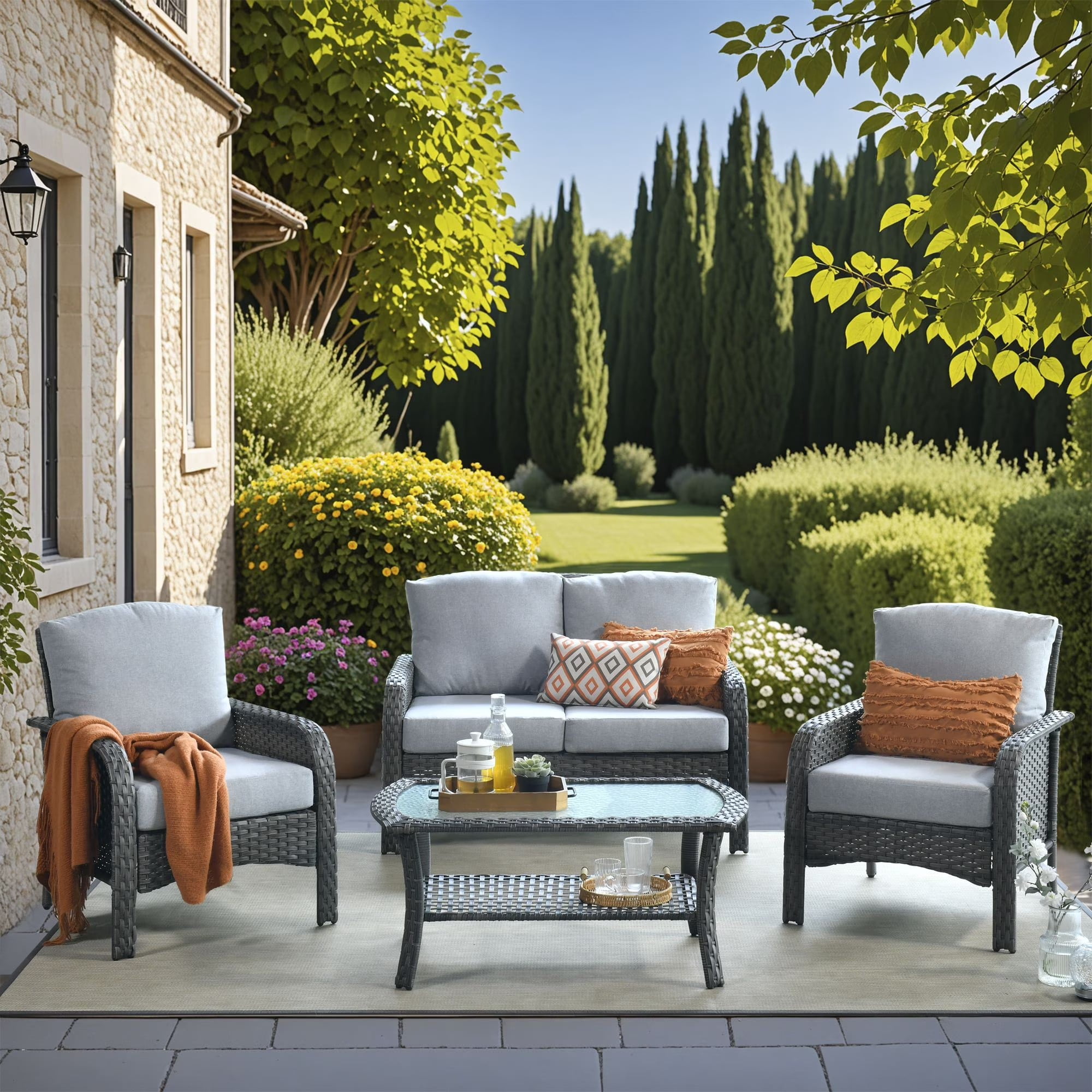 Vcatnet Patio Furniture Sets with Coffee Table 4 Pieces Sectional Sofa Rattan Wicker Outdoor Conversation Set with Loveseat Chair for Porch, Deck, Gray