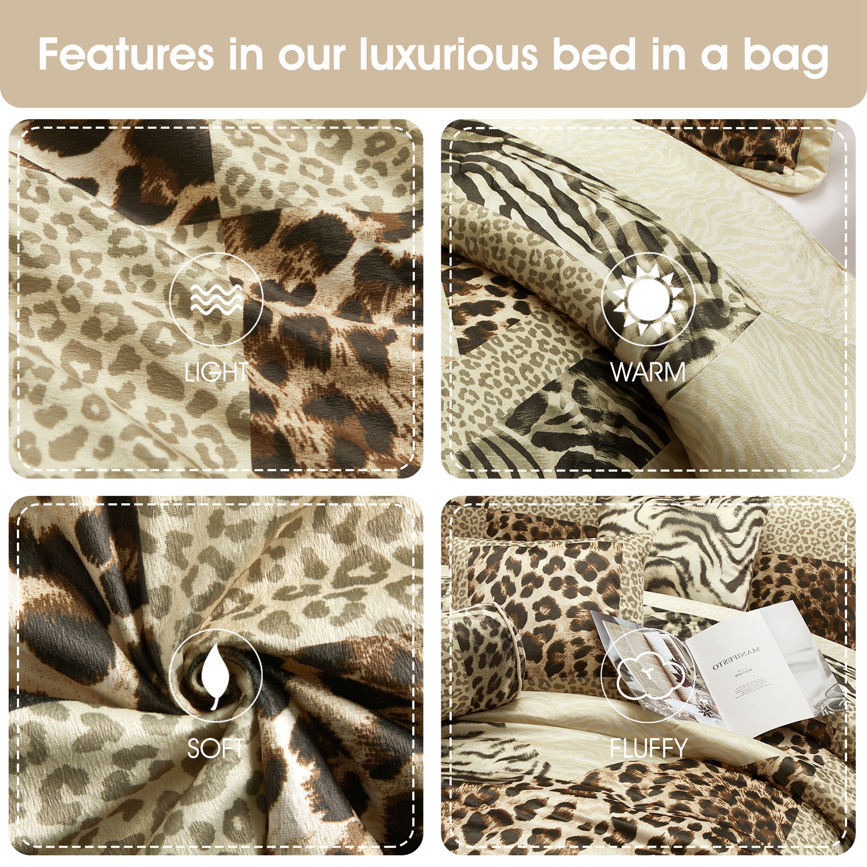 Lanco Leopard Print 7 Pieces Queen Comforter Set, Bed in a Bag, Gold Matching Pillows & Shams, Bed Skirt, Ultra-Soft