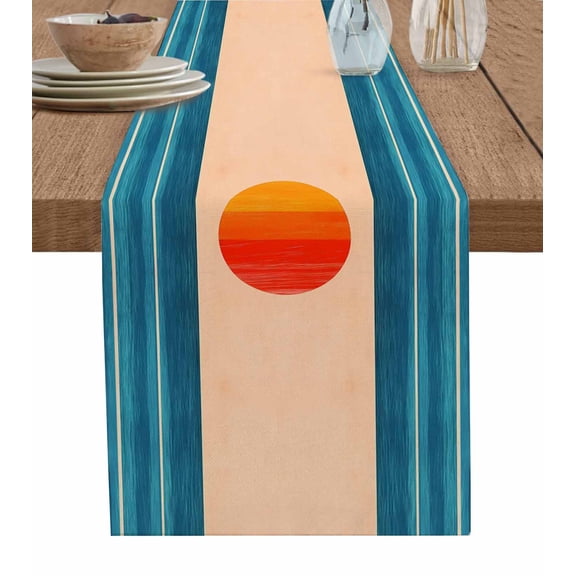 Orange Blue Stripe Table Runner 60 Inches, Watercolor Clean-lined Abstract Bed Runner Dresser Scarves Tabletop for Indoor Outdoor Parties/Ceremony/Banquet, 13" x 60"