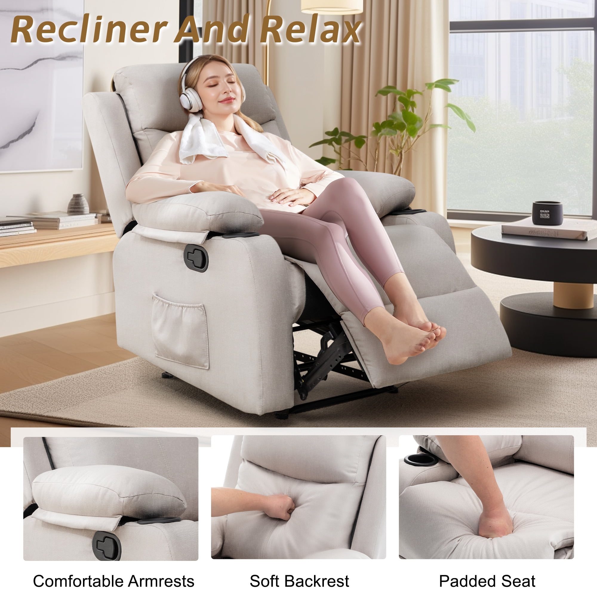 Korser Manual Small Recliner Chair with Fixed Base for Small Spaces Linen Fabric for Living Room,Beige