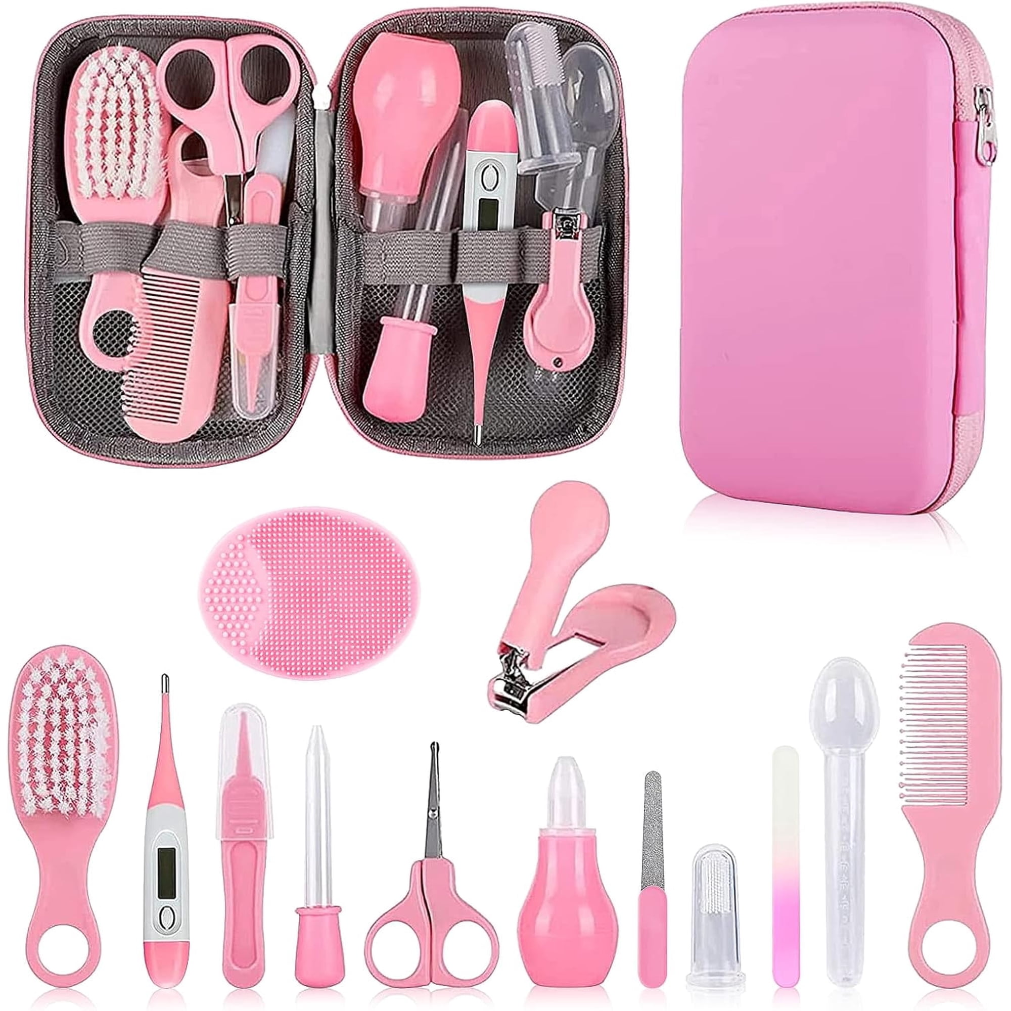 Baby Grooming Kit, Infant Safety Care Set with Hair Brush Comb Nail Clipper Nasal Aspirator for Newborn Girls Boys (Pink)