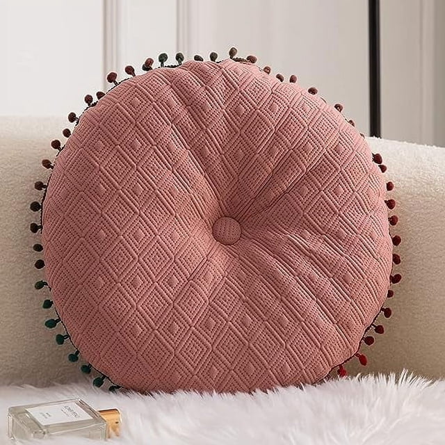 Nvzi Cojín para silla redondo suave con diseño geométrico y pompones degradados para jardín, patio, hogar, cocina, oficina (rosa, diámetro 16")