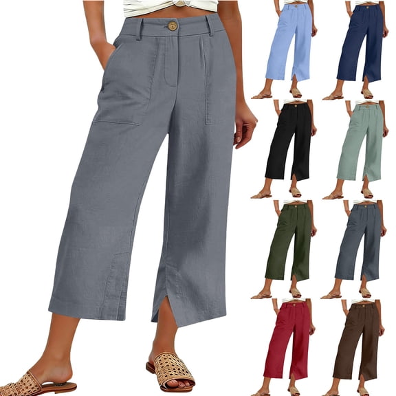Axiiglly Linen Pants Women Wide Leg Zipper Button Summer Pants with Pockets Lightweight Beach Boho Cropped Pants, S-3XL