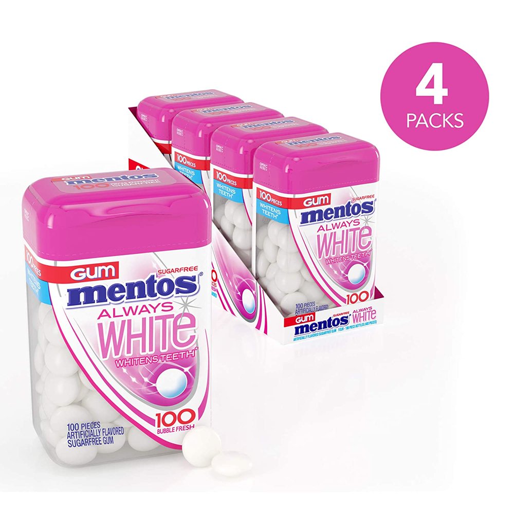Mentos Mentos Gum Always White, Bubble Fresh, 4 Bottles, 100 Pieces