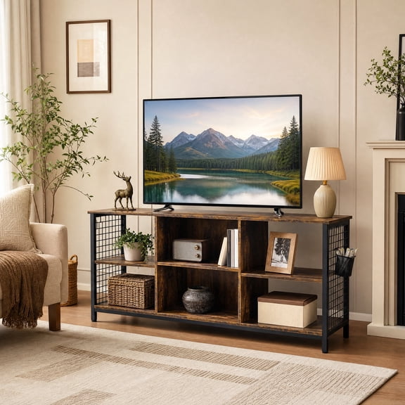 Mid-Century TV Stand for TVs up to 65 "with Storage Basket, Entertainment Centre, Media Console Table for Living Room, Rustic