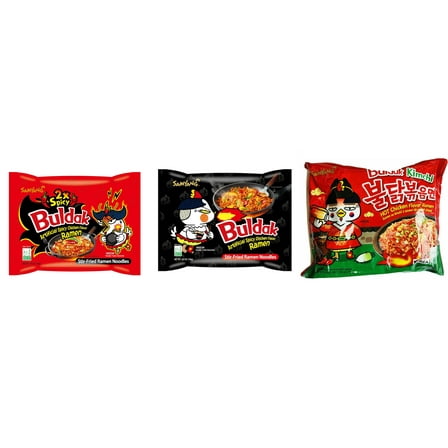 3 Packs Samyang Korean Artifical Spicy Chicken Stir Fried Ramen Roasted Noodles 3 Different Flavors (2x Spicy,Original,kimichi) Plus NineChef Brand Long Handle Coffee Spoon