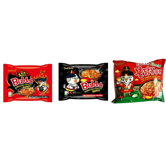 3 Packs Samyang Korean Artifical Spicy Chicken Stir Fried Ramen Roasted Noodles 3 Different Flavors (2x Spicy,Original,kimichi) Plus NineChef Brand Long Handle Coffee Spoon