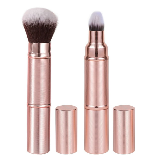 2 brochas de maquillaje de doble punta con tapa, portátiles, retráctiles, para base y colorete, para viajes, compactas.