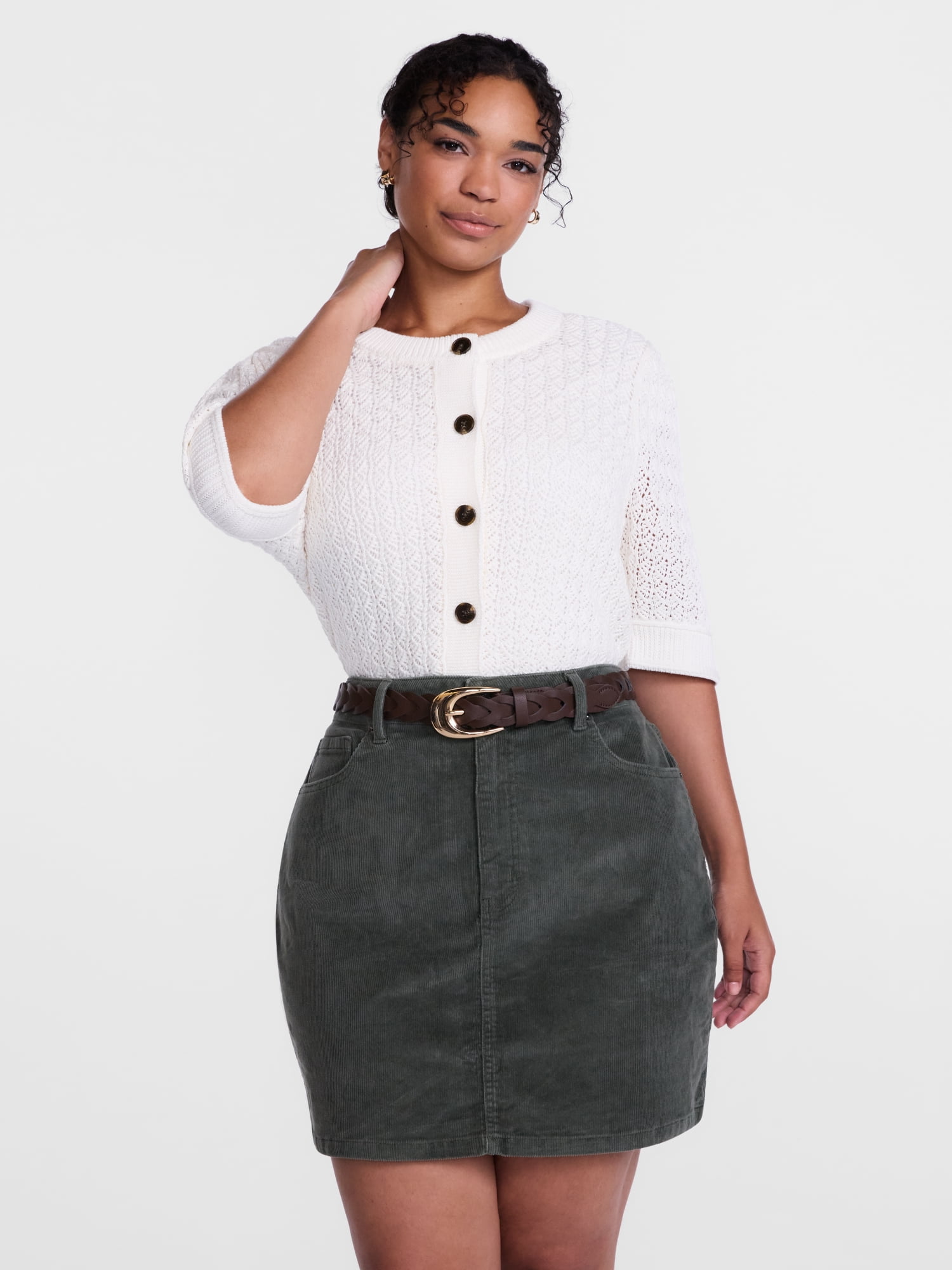 Scenario Women's and Women's Plus Crewneck Cardigan with Short Sleeves, Lightweight, Sizes XS-4X
