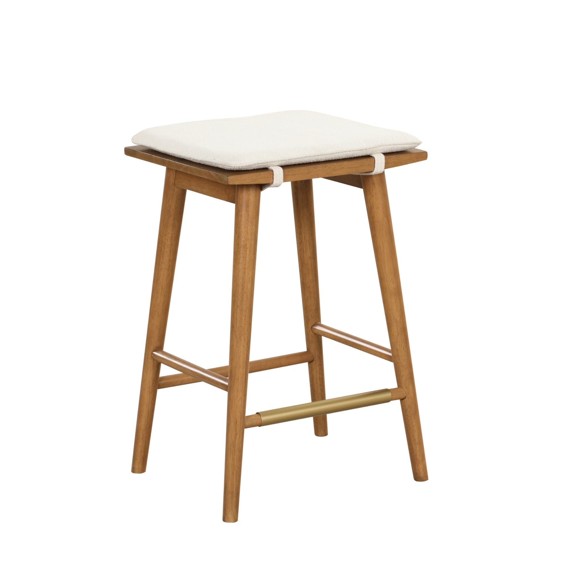 Nathan James Barker Counter Height Solid Wood Barstool with Upholstered Cushion, Backless Island Stool with Rubberwood Legs and Natural Textured Linen Upholstery for Kitchen, Brown/White, Set of 2