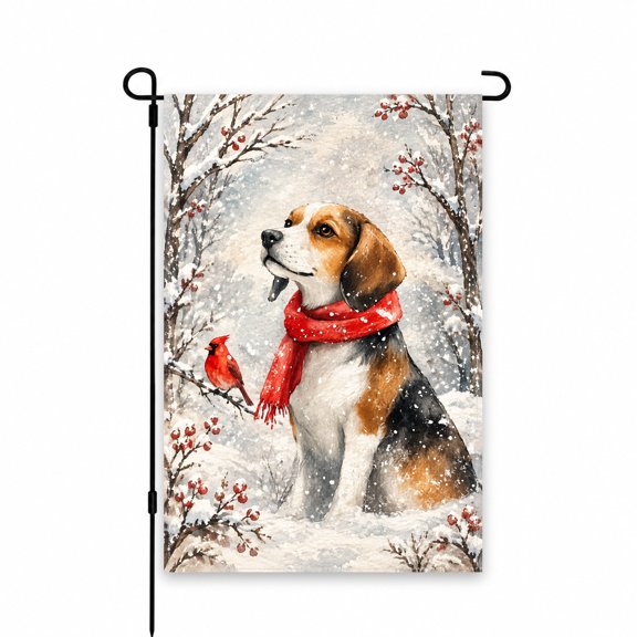 Garden Flag Winter Beagle & Cardinal Snowy Scene, 12x18 Inch Yard Decor for Lawn, Patio, Porch – Festive Outdoor Decoration for Holiday Season