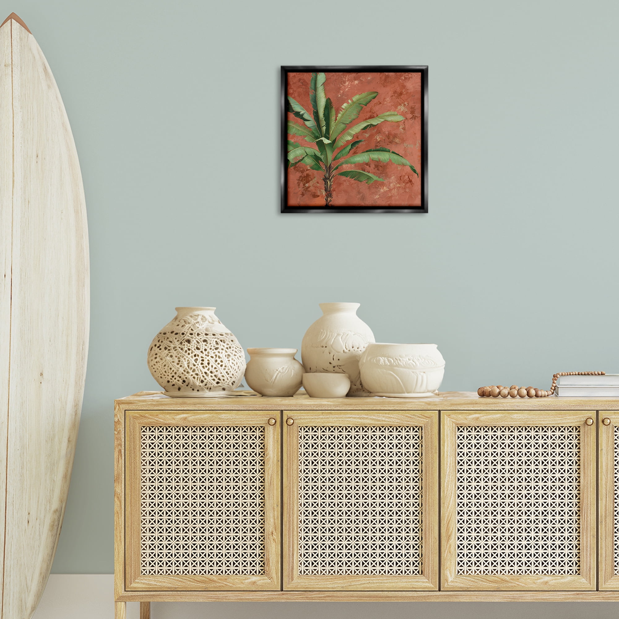 Stupell Industries Palm on Muted Red Botanical & Floral Painting Black Floater Framed Canvas Art Print Wall Art, 18 x 18
