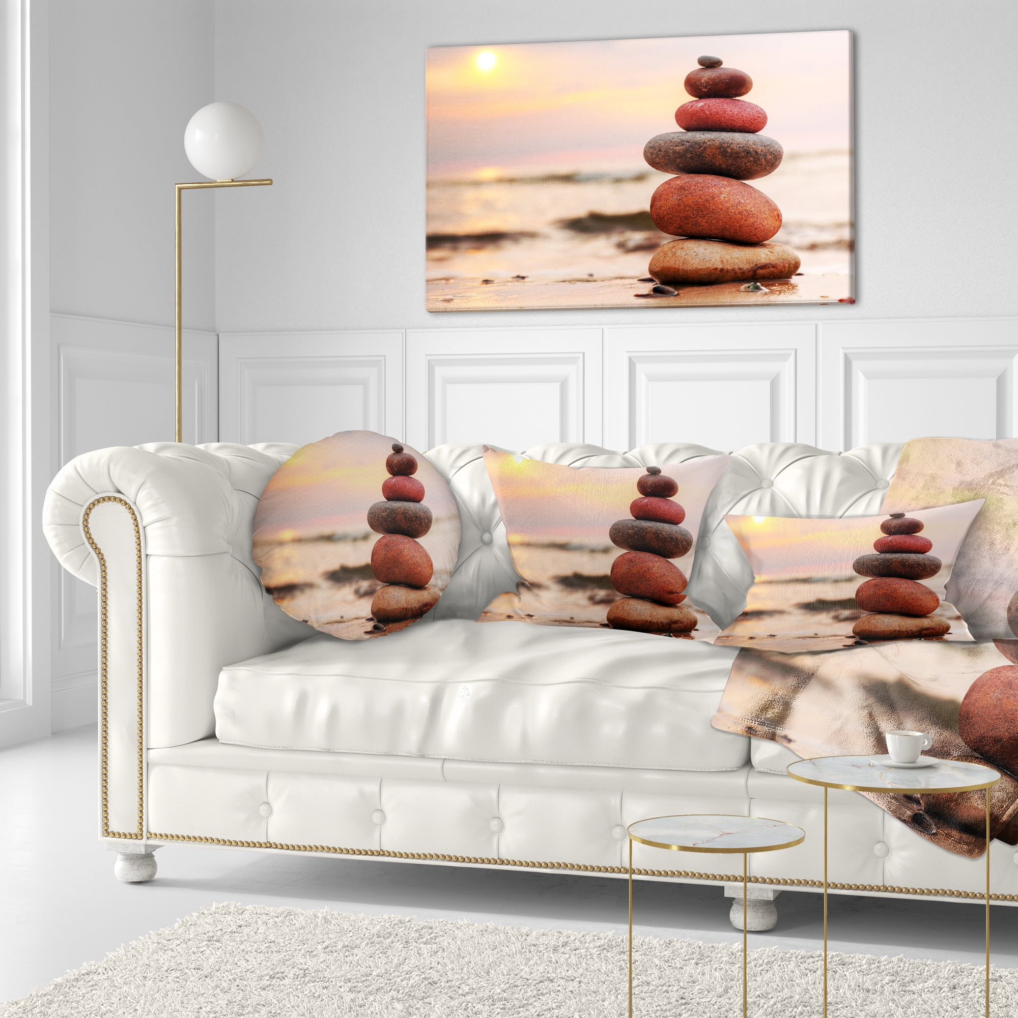 Designart Stones Pyramid on Sand Symbolizing Zen - Landscape Printed Throw Pillow - 12x20