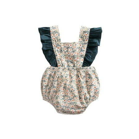 

ANYSENSETZH Baby Girl Ruffle Romper Floral Print Summer Jumpsuits Bowknot Headband Playsuits