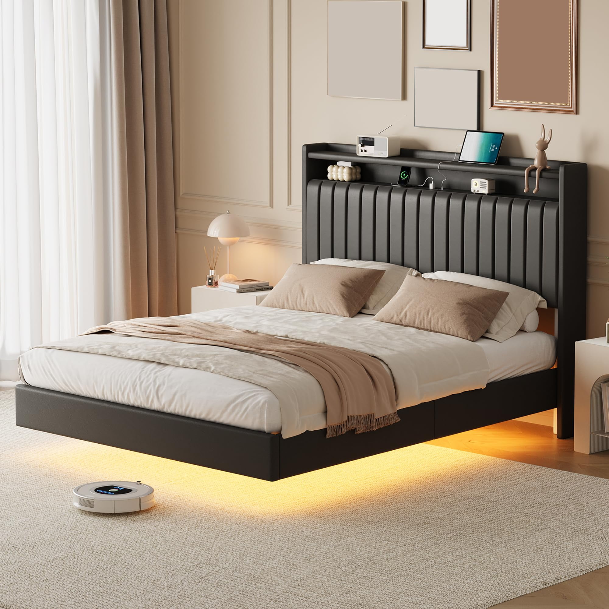 Towallmark Queen Size Floating Bed Frame with LED Lights & Charging Station,Upholstered Leather Platform Bed Frame with Headboard,50" Tall Floating Bed with Stable Structure,Black