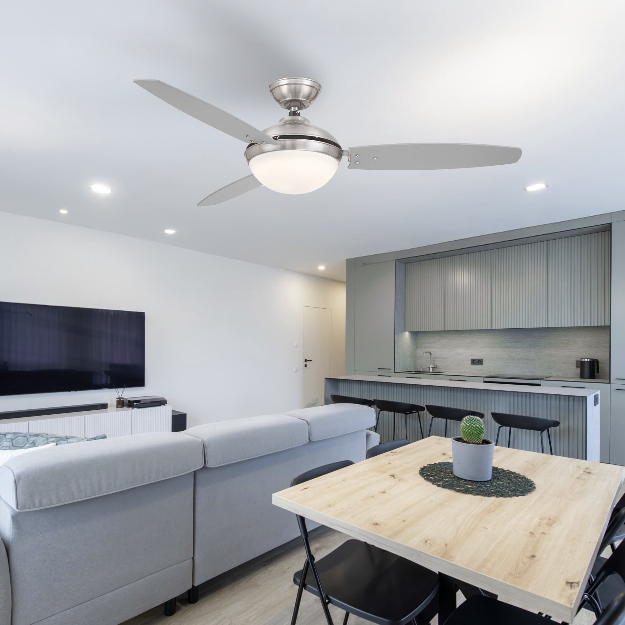 Brushed Nickel 52 Inch 3 Blade Indoor Ceiling Fan, Ideal for Bedrooms and Living Rooms, Quiet DC Motor, LED Light with Remote, Eleve Comfort