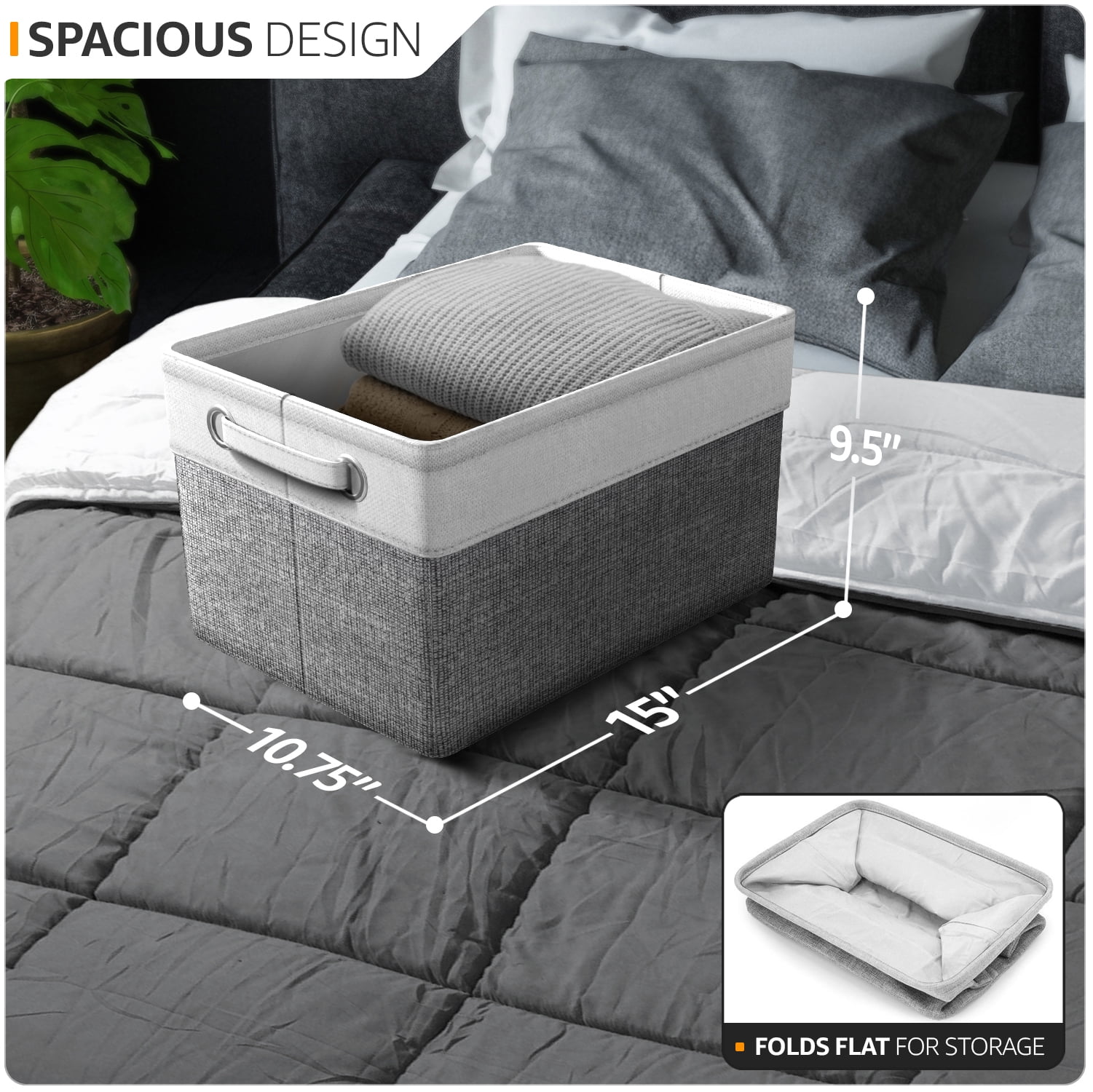 Sorbus Fabric Storage Bins for Shelves - 15" Sturdy Collapsible Baskets with 2 Handles, 3-Pack for Home Organization, Closets, Toys, Clothes, White/Gray