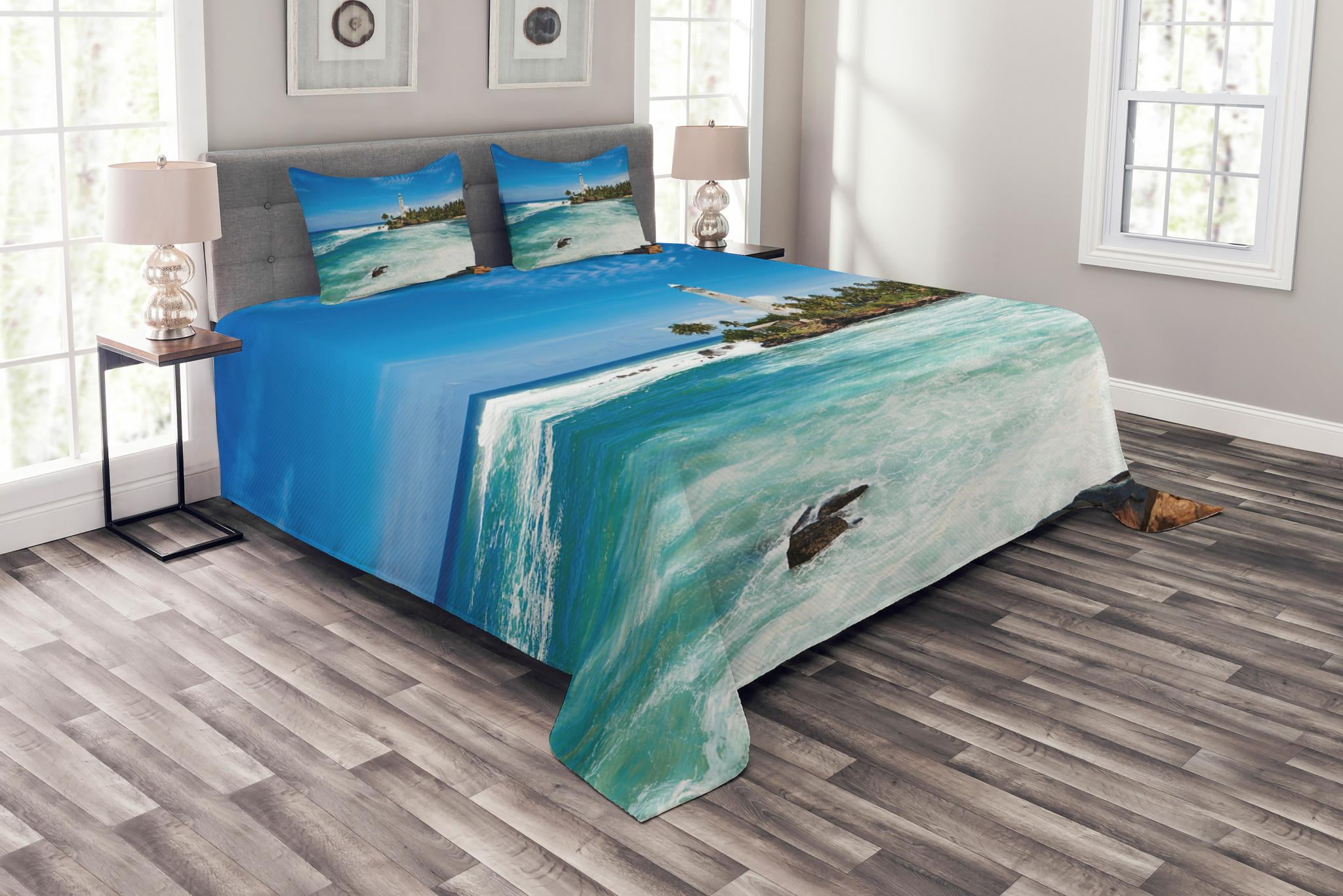 Lighthouse Bedspread Set King Size, Tropical Island Lighthouse with