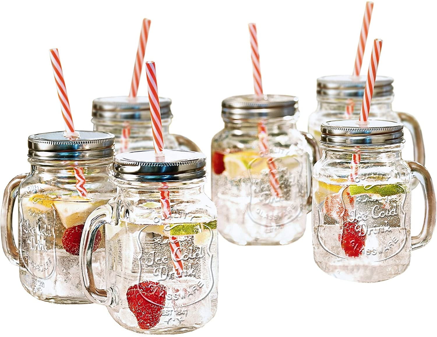 Mason Jar Mugs with Handle and Straws Old Fashioned Drinking Glass Set 6 16 oz 