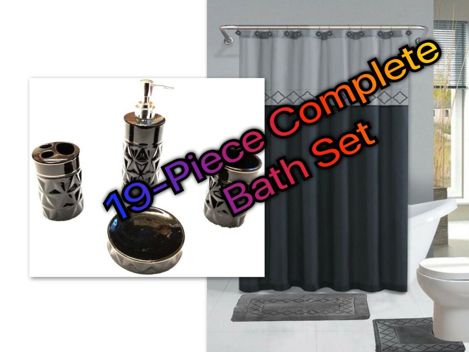 19Piece Complete Bathroom Set Rugs Shower Curtain Hooks Ceramic All