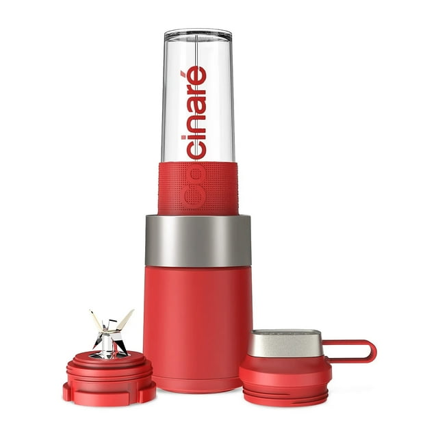 Cocinare 1100W Portable Smoothie Blender in red, featuring a 16oz BPA-free cup, titanium-alloyed blades, and a high-speed motor operating at 30,000 RPM. Includes a shaker, blade, and lid, designed for blending smoothies, shakes, frozen fruits, ice, and nuts. Compact and durable with food-grade plastic and silicone construction.