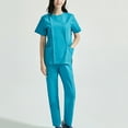 thumbnail image 5 of up to 60% off Gifts Holiday Scrubs Set for Women Womens 2 Piece Nursing Uniform Sets V Neck Short Sleeve Pocket Nurse's Tunic Top and Long Pant Lounge Set Casual Solid Scrubs Set up to 60% off, 5 of 6