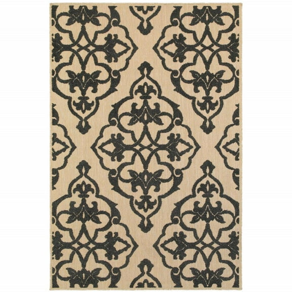 HomeRoots 5' x 8' Beige and Black Medallion Stain Resistant Indoor Outdoor Area Rug