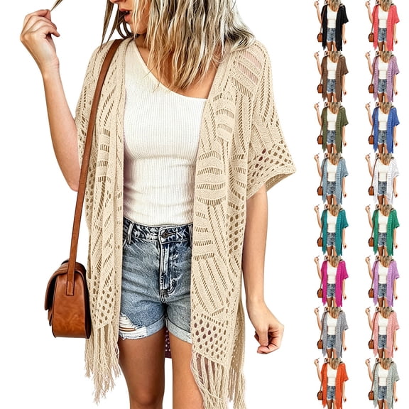 Breezora Women's Hollow Out Knit Cardigan Short Sleeve Fringe Tassel Lightweight Cover Up Shawl Wrap for Summer