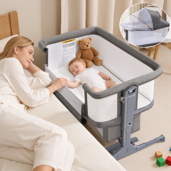 spanspace 5-in-1 Baby Bassinet Bedside Sleeper with Wheels, Height Adjustable Newborn Baby Crib for 0–5 Months Infants Unisex, Gray