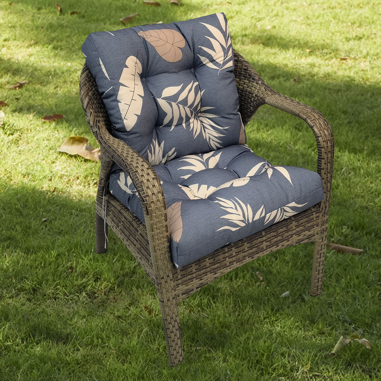 SHANNA Outdoor Chair Cushions, 2 Pack Tufted Thicken Waterproof Patio Chair Pad Wicker Chair Seat Cushion with Non-Slip Ties for Outdoor Furniture, Gray Leaves