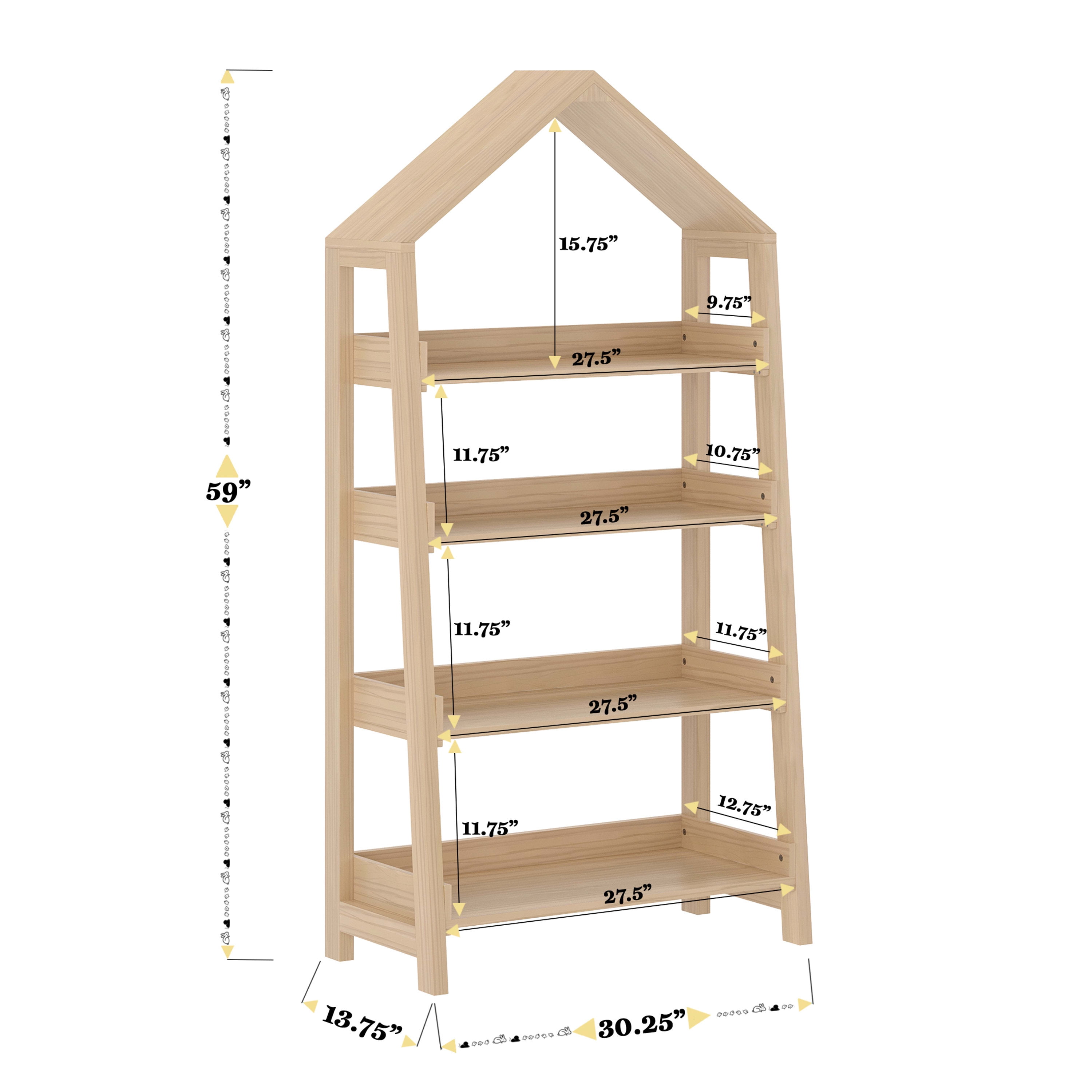 Buzz & Bloom Kids Open-Style Wooden Bookshelf with 4 Shelves and Covered Triangular Top, Natural