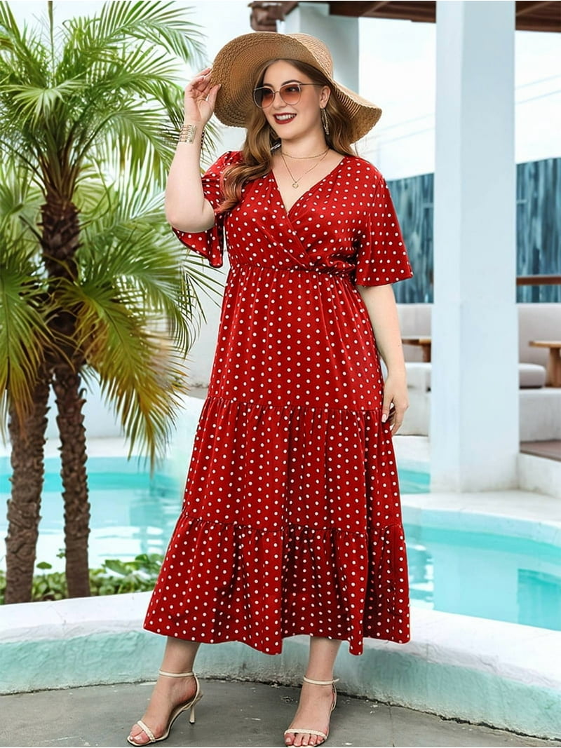 Women'S Casual Plus Size Polka Dots Dress Summer Short Sleeve V Neck Loose  Tiered Maxi Dresses Red XL - Walmart.com