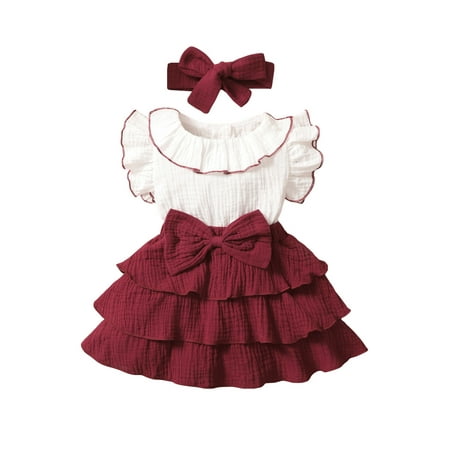 

hirigin Toddler Girls Sweet Dress Set Contrast Color Ruffled Round Collar Flying Sleeve A-line Cake Dress + Headband