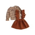 thumbnail image 2 of Toddler Baby Girl Long Sleeve Plaid Print Shirt Corduroy Ruffle Suspender Skirts Fall Winter Outfit, 2 of 6