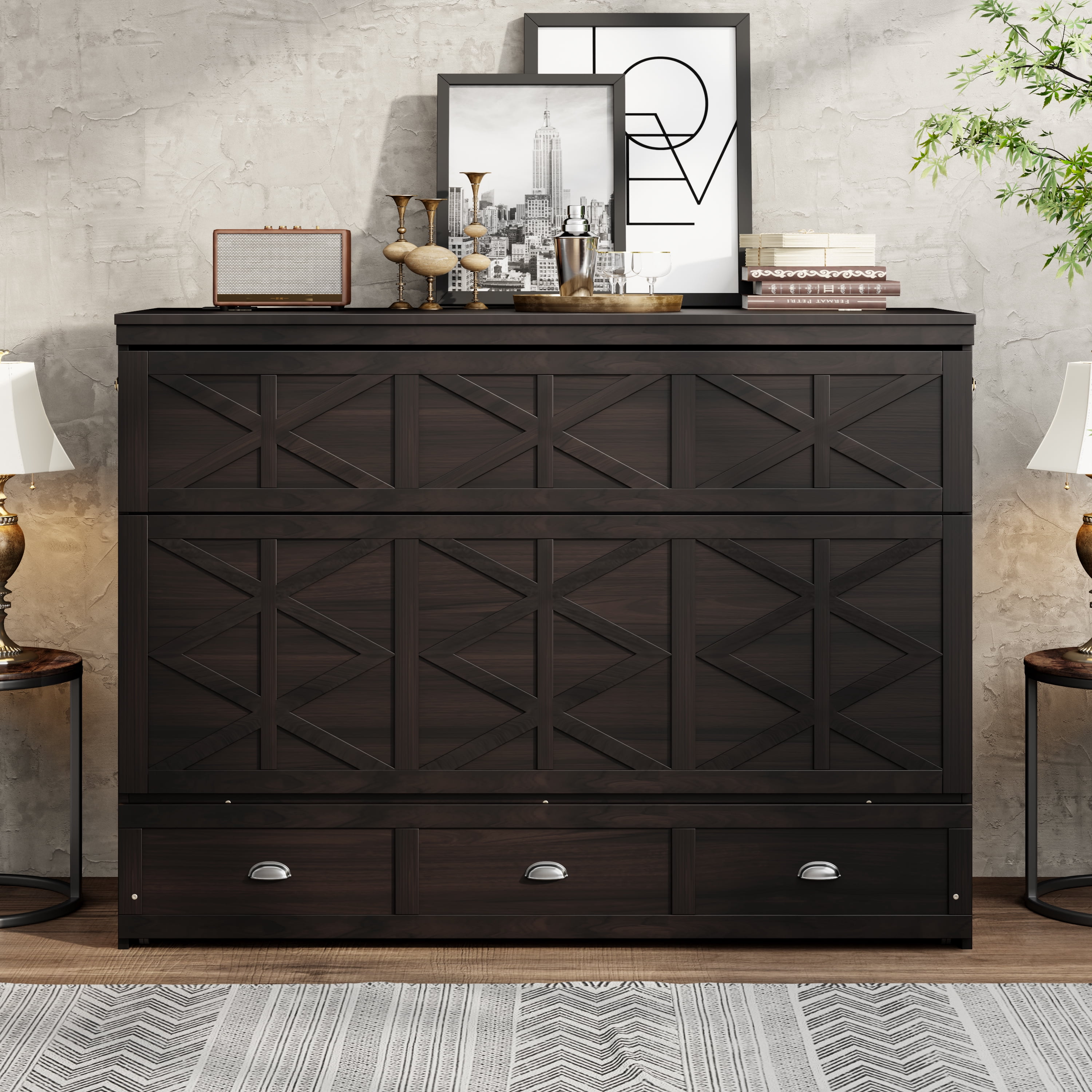 Mintazer Queen Size Murphy Bed with Charge Station & 3 Storage Drawers, Farmhouse Geometric Pattern Foldable Cabinet Wall Bed for Guest Room Small Apartment, Espresso