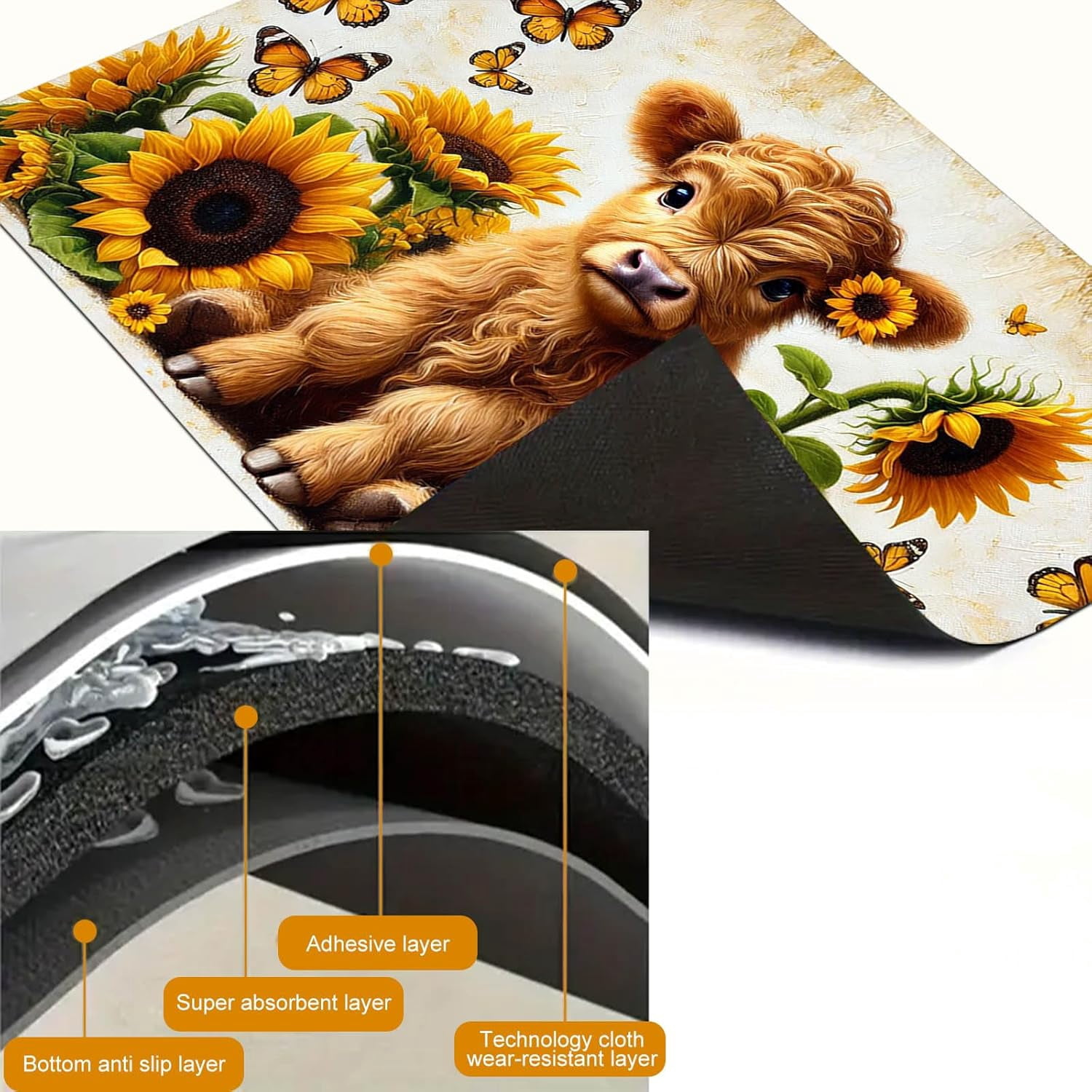 Highland Calf Stove Top Cover for Electric 28x20 Inch Diatomite Kitchen Decor Glass Cooktop Protector Heat Resistant Countertop Mat with Sunflower and Butterfly Design