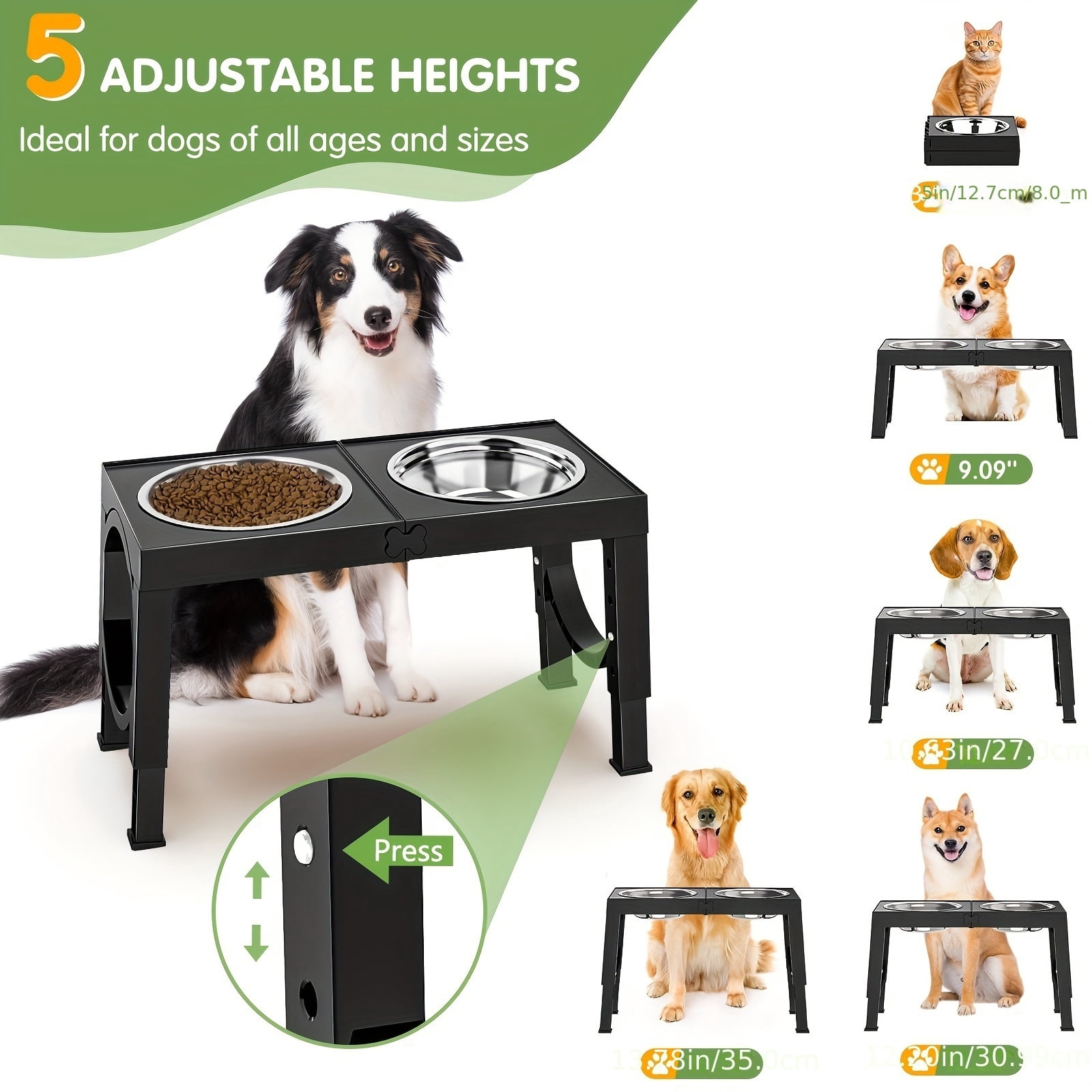 X XBEN 2-Pack Elevated Dog Bowls Stand, 5-Level Height Adjustable Feeder with 2 Stainless Steel Bowls, Anti-Slip Joint Relief Food Water Dish for Small Medium Large Dogs
