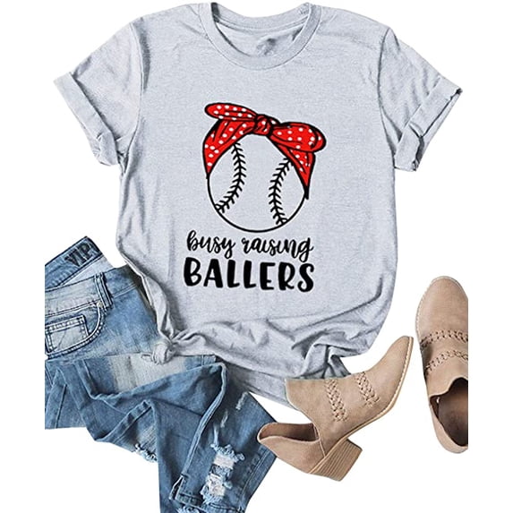 YourTops Women Busy Raising Ballers Baseball T-Shirt Casual Graphic T-Shirt Women Top (US M, Grey)