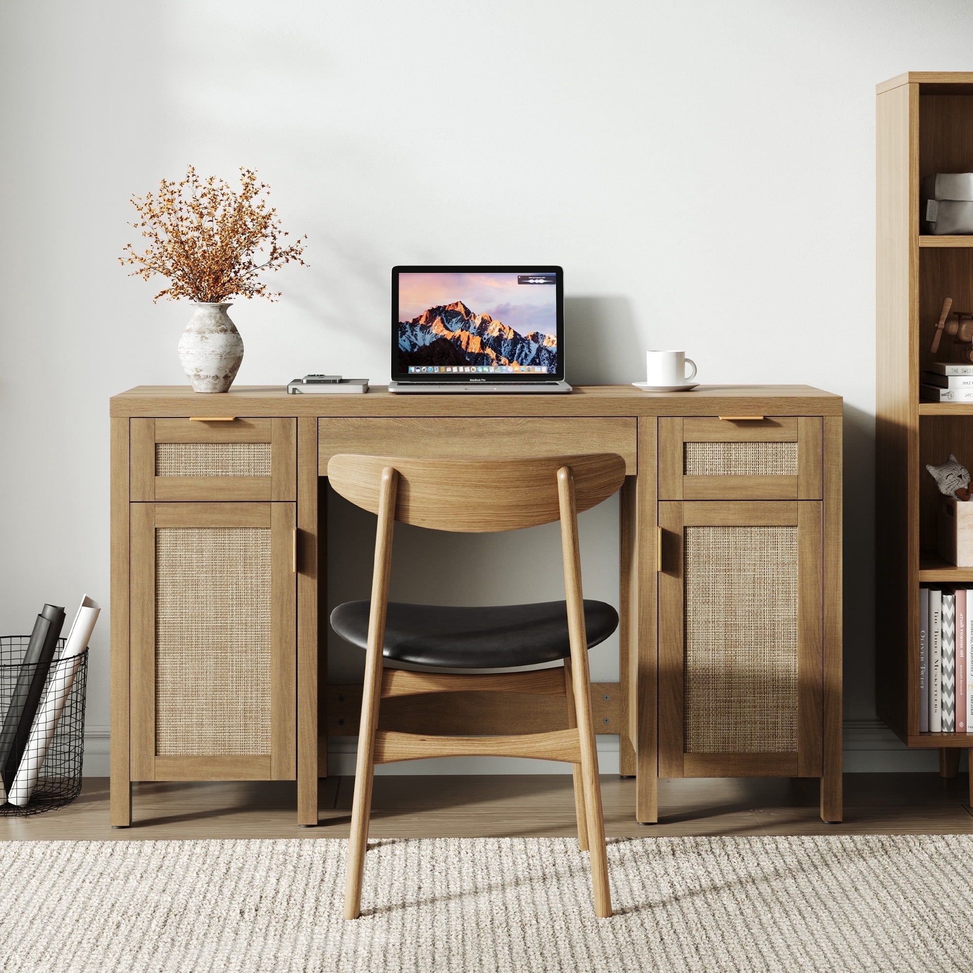 SICOTAS 52" Rattan Computer Desk with 3 Drawers & 2 Storage Cabinets, Boho Executive Desk, Modern Writing Desk for Home Office Bedroom, Oak