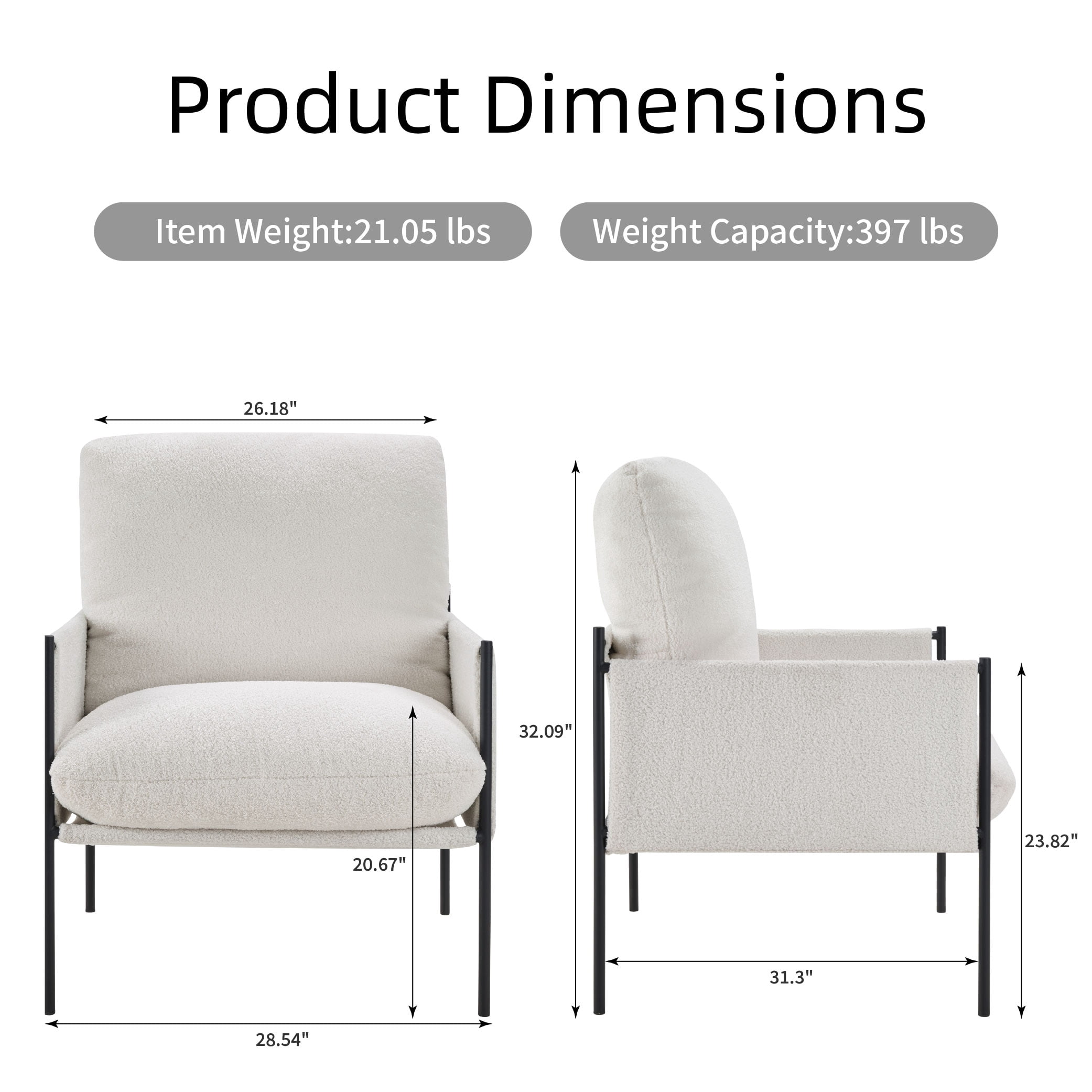 MAYEERTY Modern Accent Chair with Removable Cushion & Wood Armrests,White