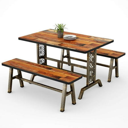 Kitchen Tables With A Bench Tribesigns Dining Table with Two Benches, 3 Pieces Dining Set Kitchen Table Set with Metal Base for Small Spaces, 47.2”L x 23.6”W x 29.5”H (Rustic) ()