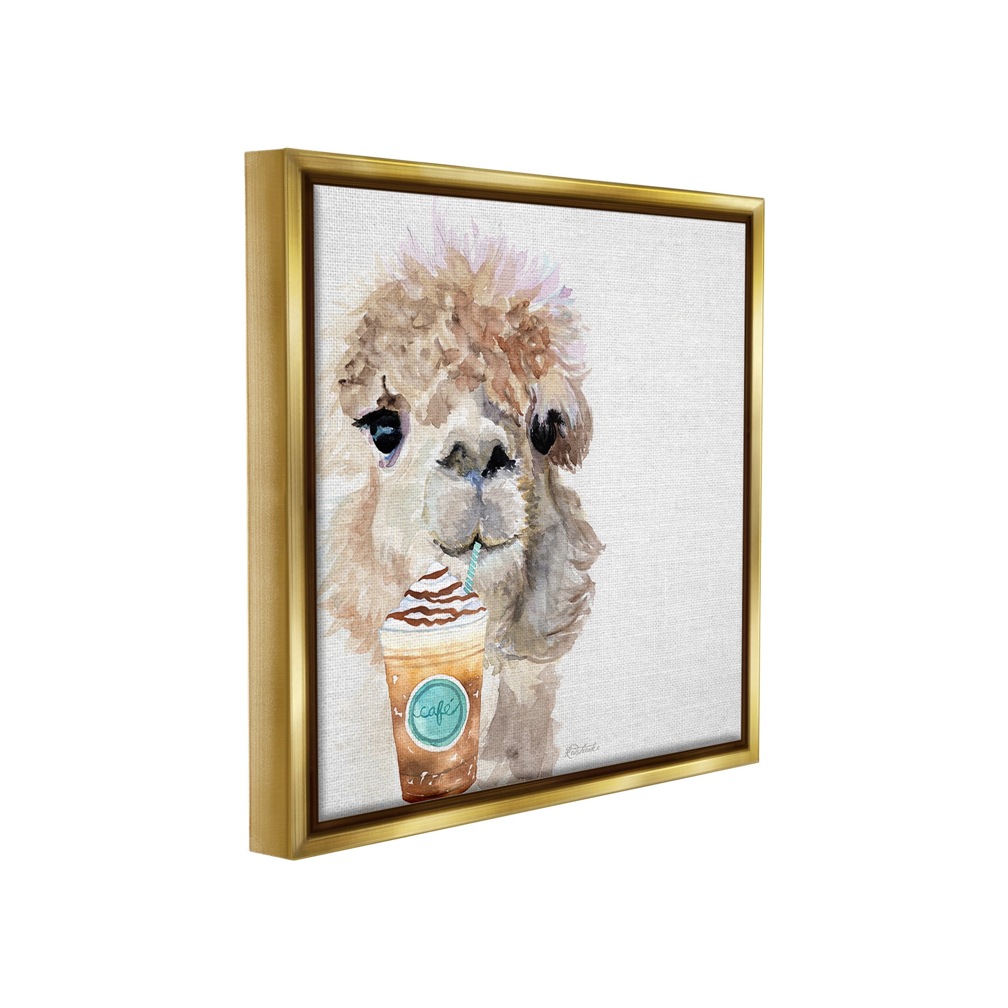 Stupell Industries Alpaca & Coffee Latte Animals & Insects Painting Gold Floater Framed Canvas Art Print Wall Art, 18 x 18