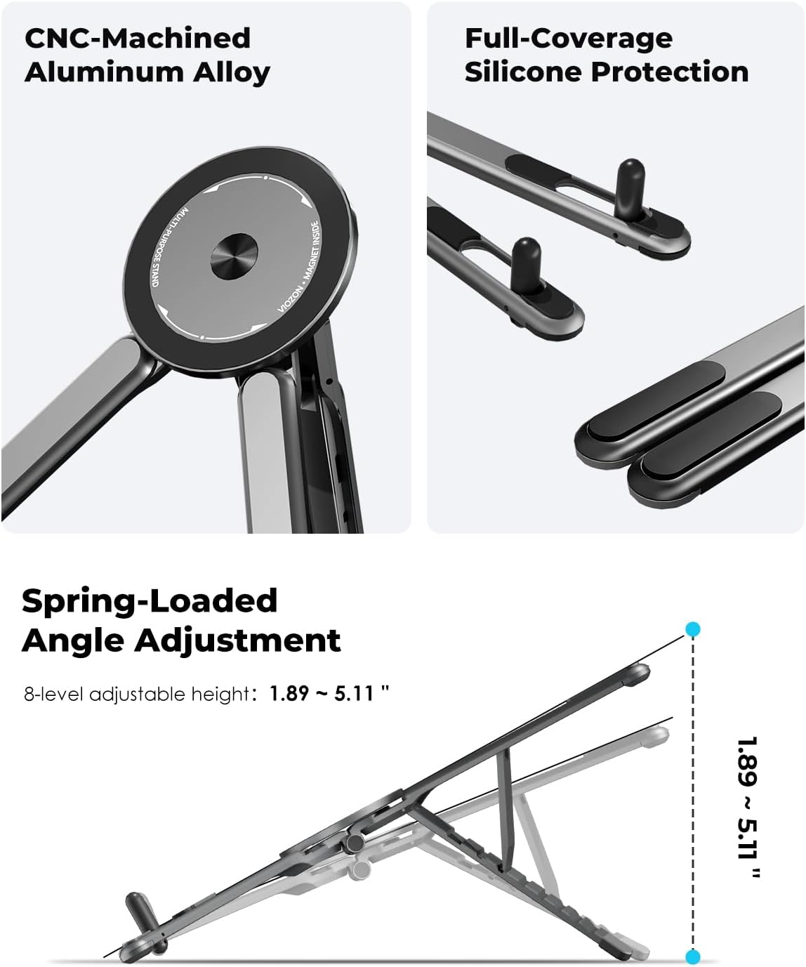 Laptop Stand for Desk, 3 in 1 Foldable Aluminum Alloy Holder for 10-16'' Laptops and 4-13'' Phones/Tablets with Magnetic Tripod, 8-Level Height Adjustable & Portable for Travel Home Office
